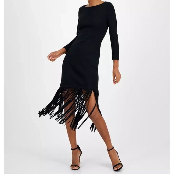 Anne Klein Women's Boat Neck Fringe A-Line Party Cocktail Dress Black Sz Medium - Picture 1 of 8